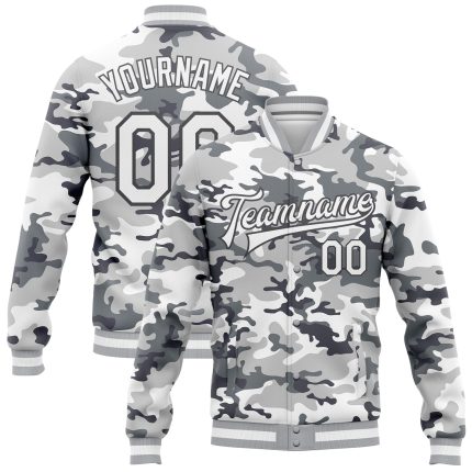 Personalized Camo Snow Jacket in White and Steel Gray, 3D Bomber Full-Snap Varsity Letterman, Salute To Service Personalized