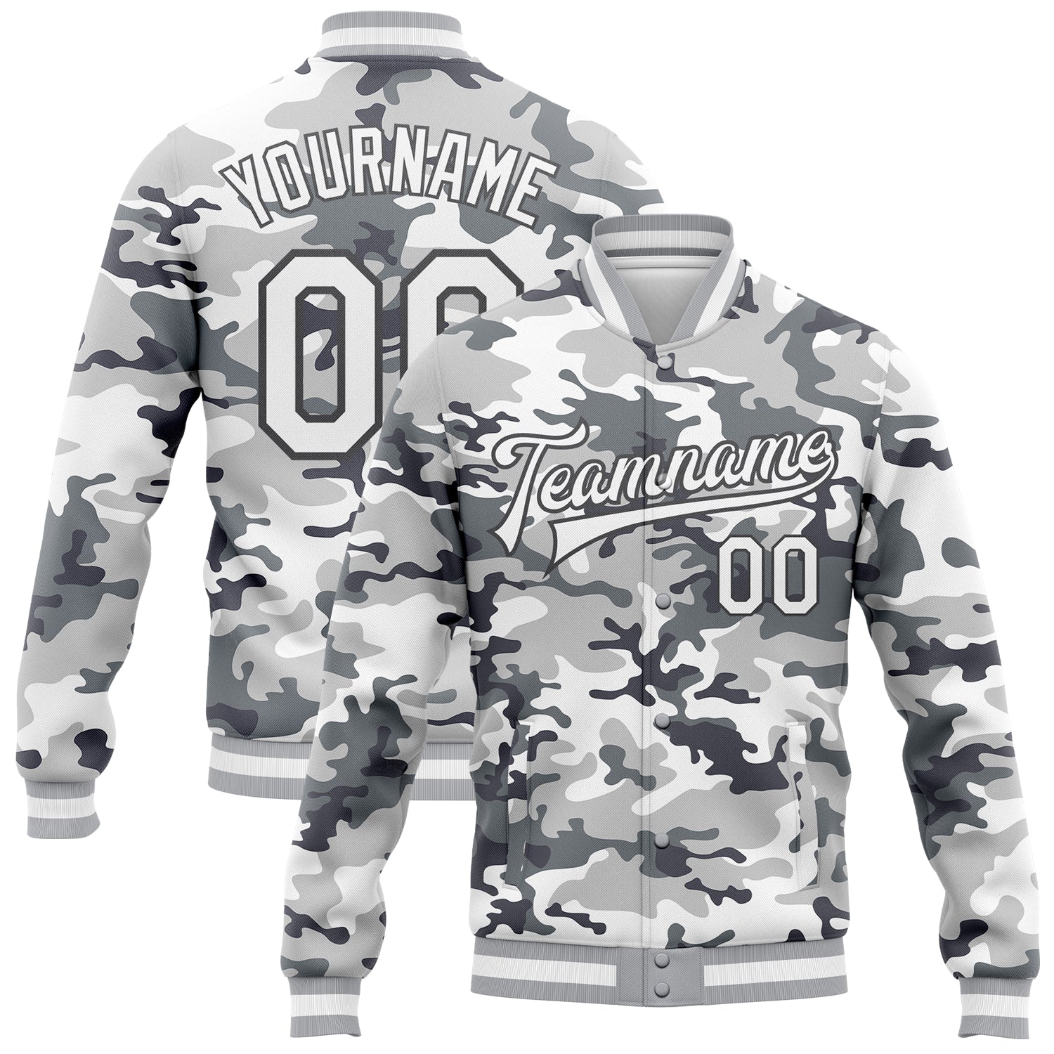 Personalized Camo Snow Jacket in White and Steel Gray, 3D Bomber Full-Snap Varsity Letterman, Salute To Service Personalized