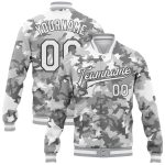 Personalized Snow Camouflage 3D Bomber Jacket in Camo White-Steel Gray, Varsity Full-Snap Salute To Service Personalized