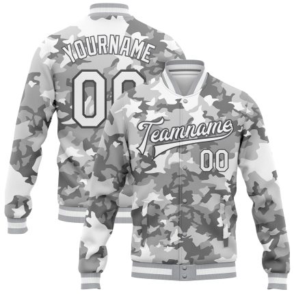 Personalized Snow Camouflage 3D Bomber Jacket in Camo White-Steel Gray, Varsity Full-Snap Salute To Service Personalized