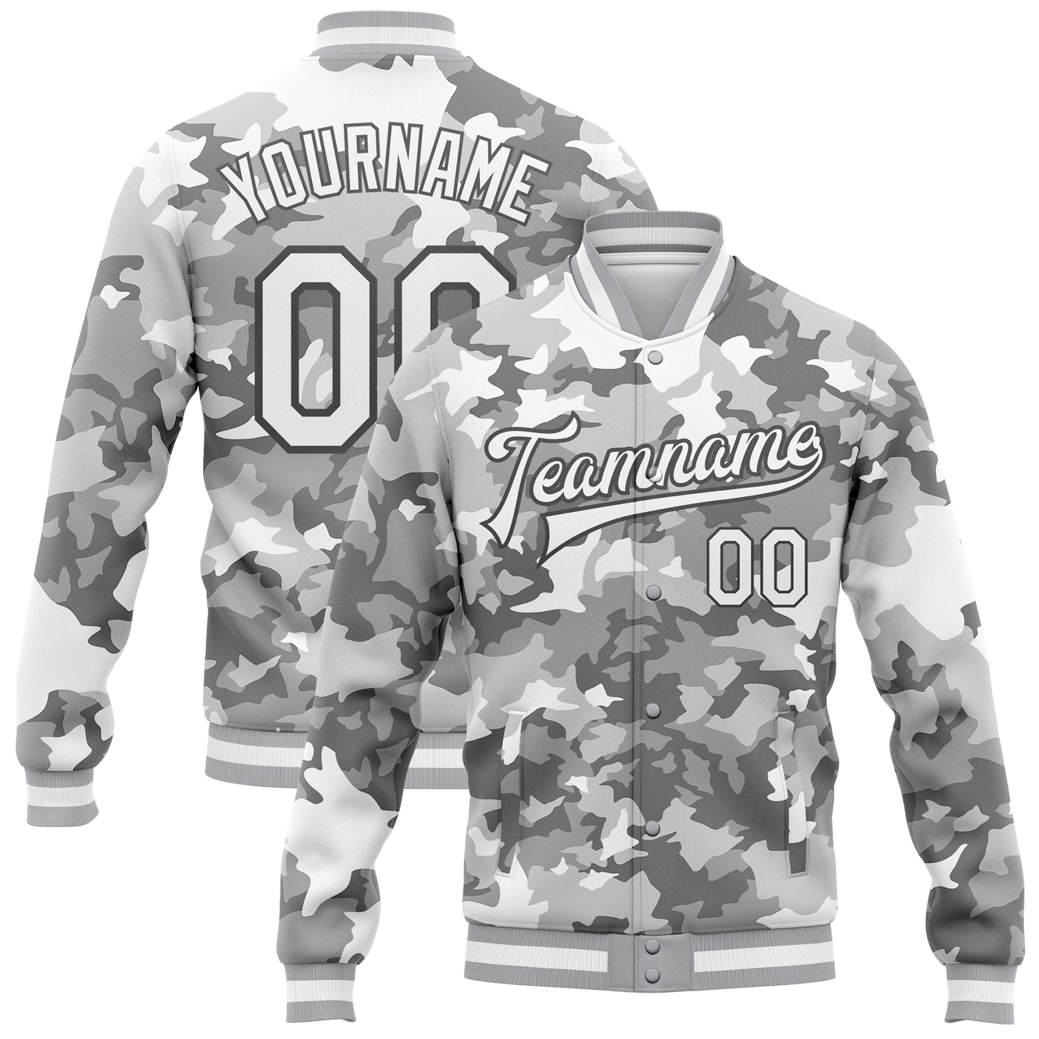 Personalized Snow Camouflage 3D Bomber Jacket in Camo White-Steel Gray, Varsity Full-Snap Salute To Service Personalized