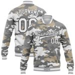 Personalized Camo Snow Jacket - White-Steel Gray 3D Bomber Full-Snap Varsity Letterman Salute To Service Personalized Camo