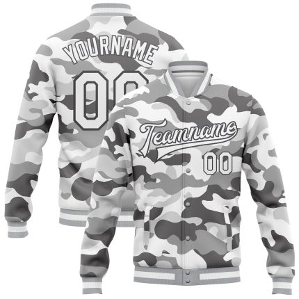 Personalized White-Steel Gray Camo 3D Full-Snap Varsity Jacket - Salute to Service Bomber Letterman Personalized Camo White-Steel