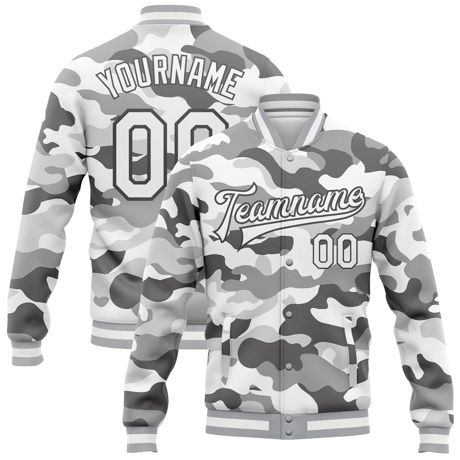 Custom Name and Number Salute to Service Jacket White Steel Gray Camo 3D Bomber Full-Snap Varsity Letterman Personalized