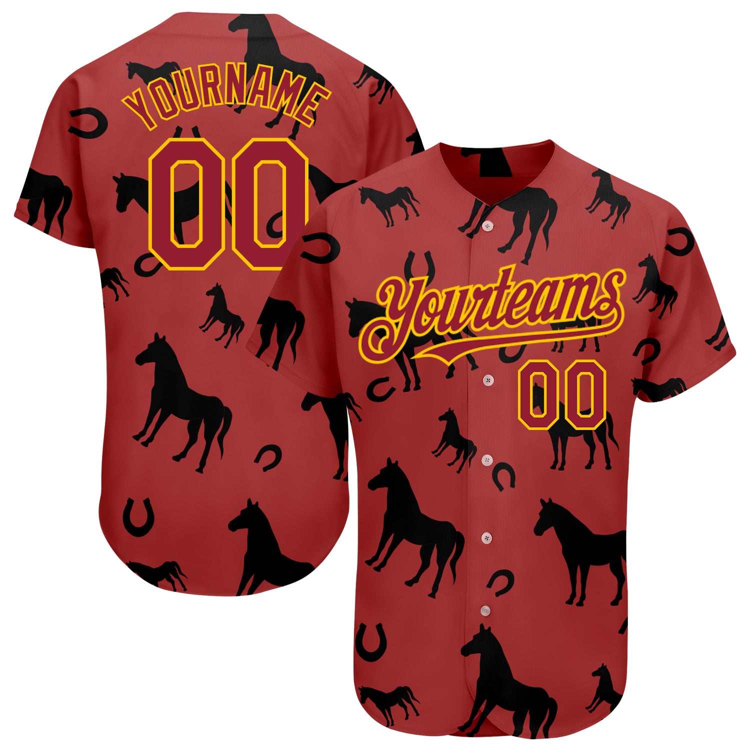 Custom Name and Number Personalized Cardinal Yellow 3D Horse Baseball Jersey Authentic Design Personalized Cardinal Yellow