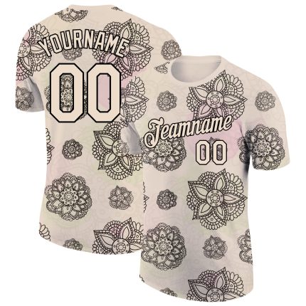 Personalized Floral Design Performance T-Shirt in Cream Black - Stylish 3D City Tee Personalized City Cream Black 3D Floral