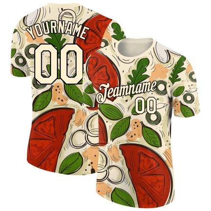 Personalized 3D Pizza T-Shirt in Cream and Black - Unique City-Themed Performance Tee Personalized City Cream Black 3D Food