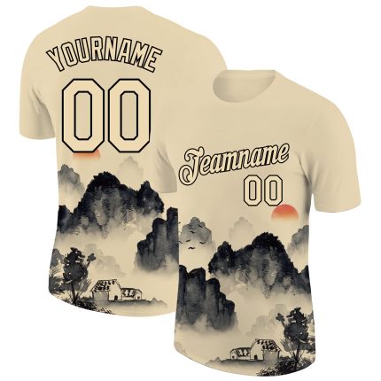 Custom Name and Number Mountain Performance T-Shirt with 3D Pattern Design - Personalized City Cream Black Personalized City