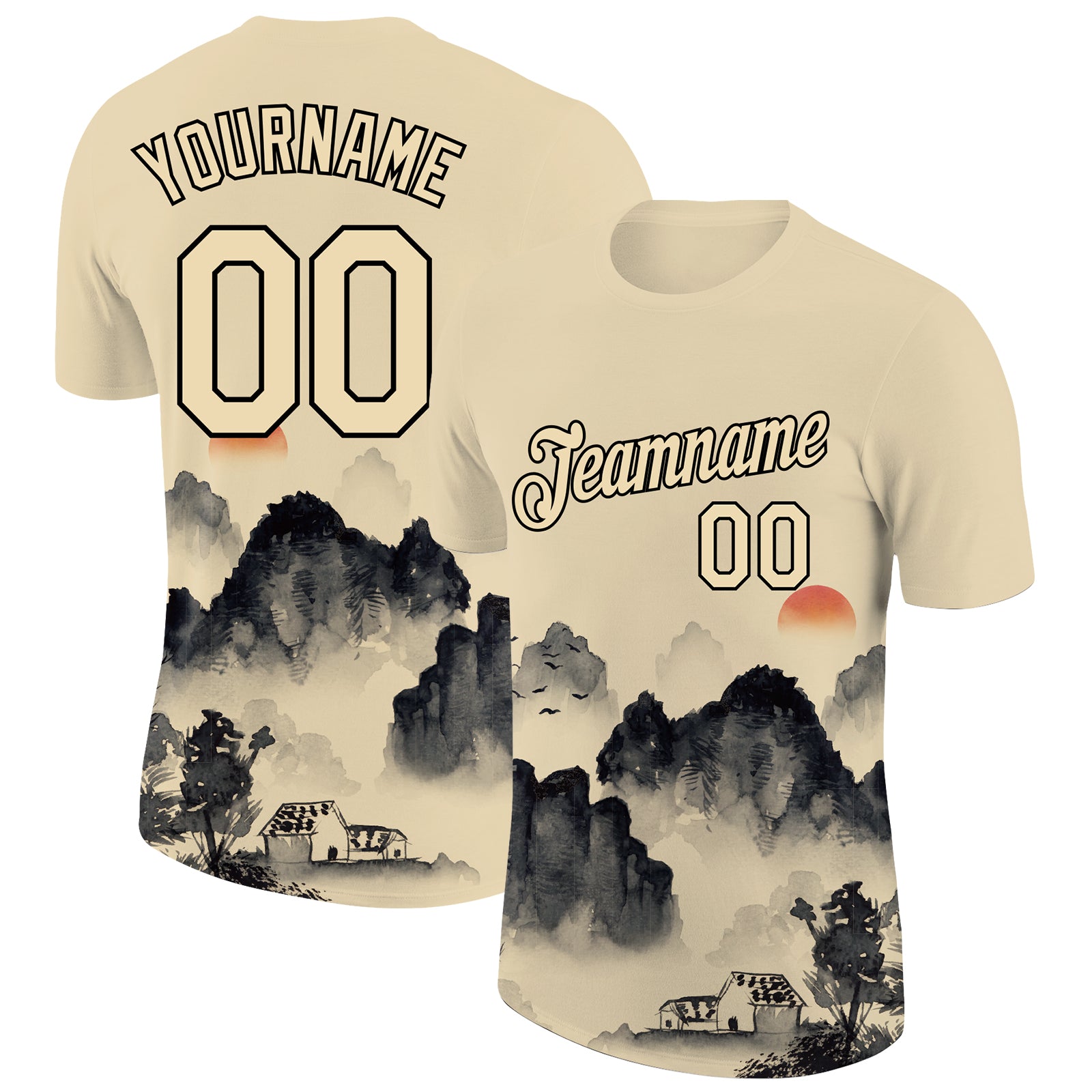 Custom Name and Number Mountain Performance T-Shirt with 3D Pattern Design - Personalized City Cream Black Personalized City