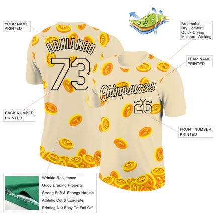 Custom Name and Number 3D Pattern Design T-Shirt - Personalized Rupee Sign Money Theme Cream Black Performance Shirt Personalized