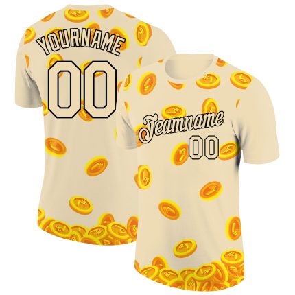 Custom Name and Number 3D Pattern Design T-Shirt - Personalized Rupee Sign Money Theme Cream Black Performance Shirt Personalized