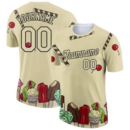 Personalized Summer Holiday Ice Cream T-Shirt with Custom Name & Number - Cream Black 3D Pattern Design Personalized City