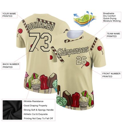 Personalized Summer Holiday Ice Cream T-Shirt with Custom Name & Number - Cream Black 3D Pattern Design Personalized City