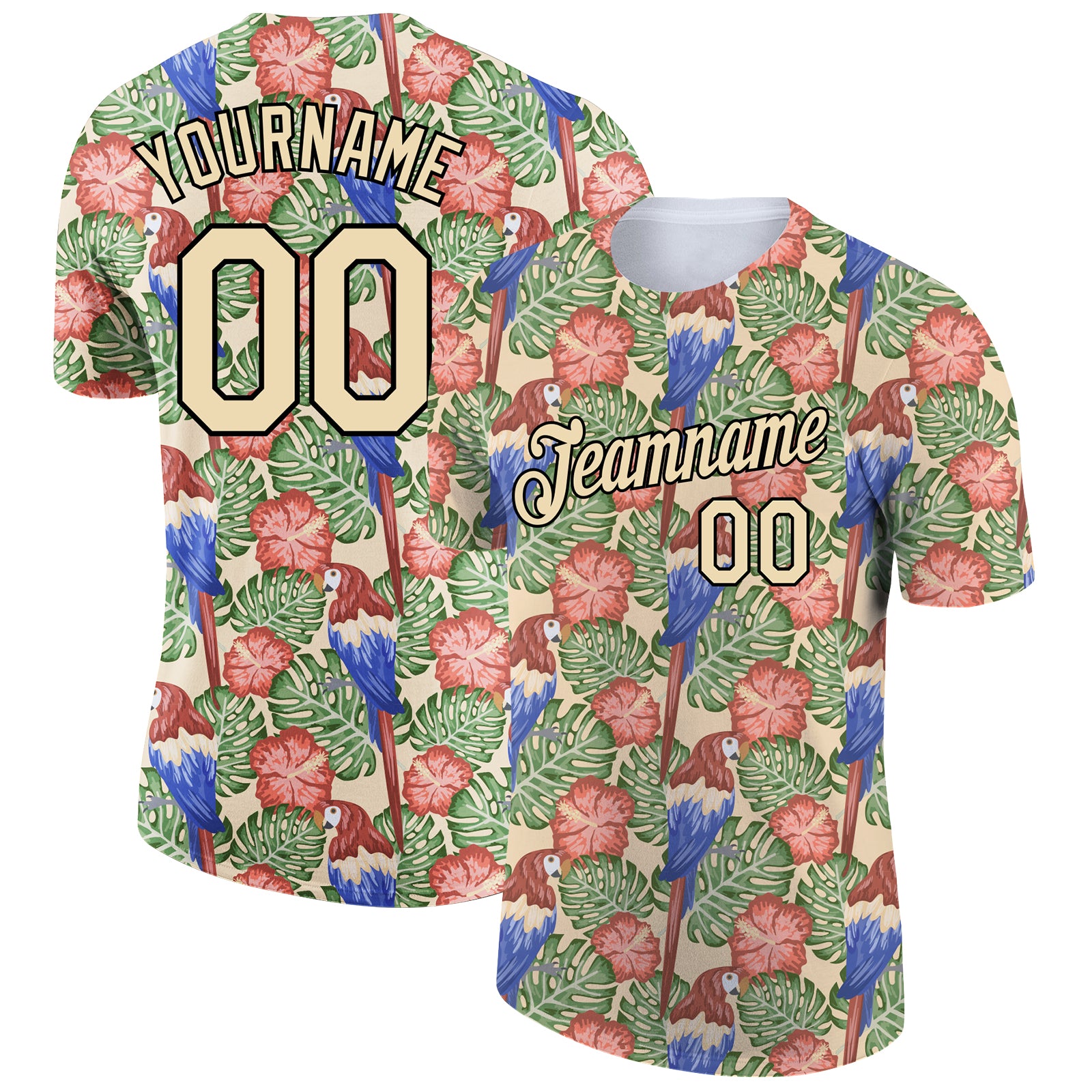 Custom Tropical Hawaii Bird Leaves 3D Pattern Performance T-Shirt with Personalized Name and Number - Stylish City Cream Black Design