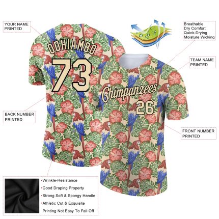 Personalized Tropical Hawaii Bird and Leaves Cream Black Performance T-Shirt Personalized City Cream Black 3D Tropical Hawaii