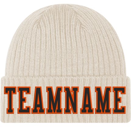 Custom City Cream Black-Orange Knit Hat with Stitched Cuff - Personalized Fashion Beanie Personalized City Cream Black-Orange