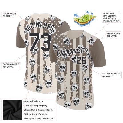 Personalized 3D Skull American Flag Cream Black-White Performance T-Shirt Personalized City Cream Black-White 3D Skull And