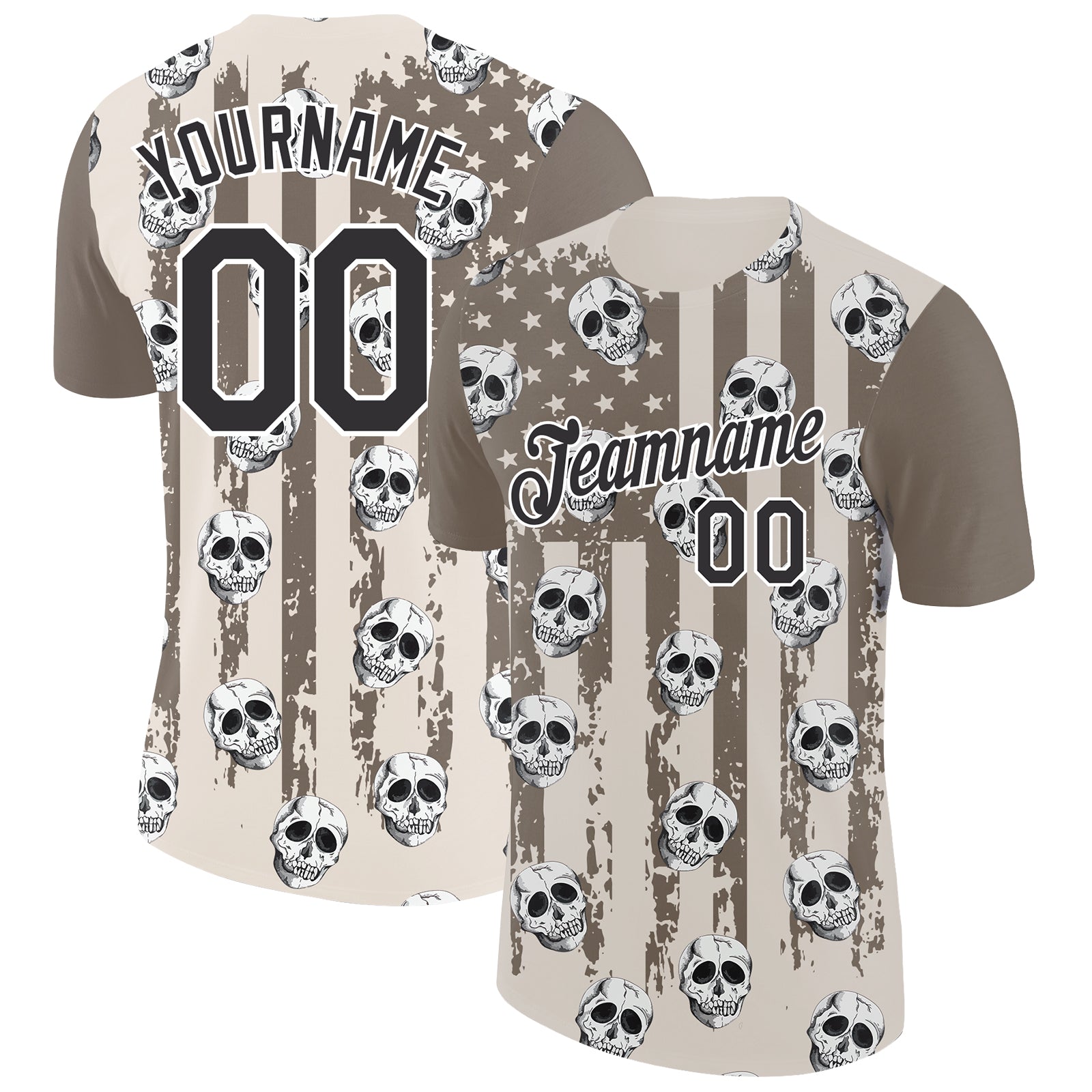 Custom Name and Number American Flag 3D Skull Performance T-Shirt - Personalized City Cream Black-White Tee Personalized