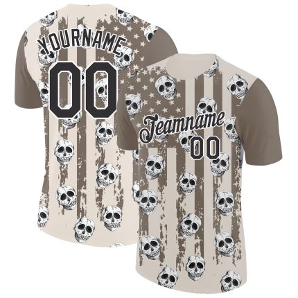 Personalized 3D Skull American Flag Cream Black-White Performance T-Shirt Personalized City Cream Black-White 3D Skull And