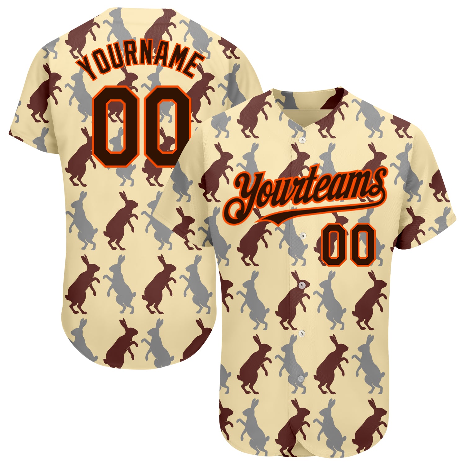 Custom Name and Number Rabbit Baseball Jersey - Personalized Cream Brown-Orange 3D Pattern Design Team Apparel Personalized