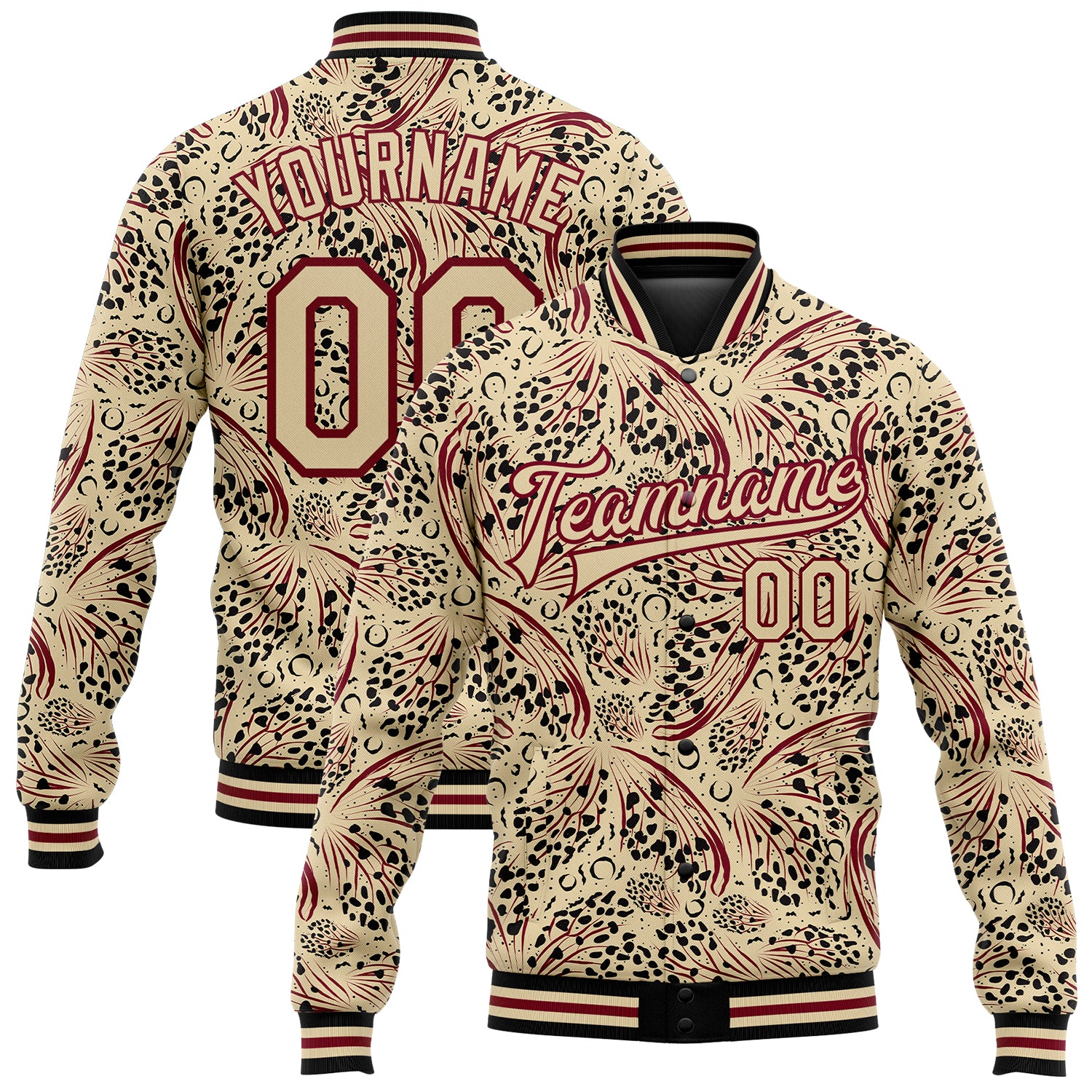 Custom Personalized 3D Pattern Animal Print Bomber Jacket with Team Name & Number - Cream Crimson-Black Varsity Full-Snap Design