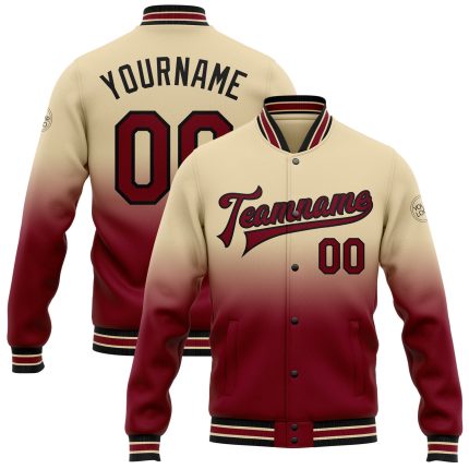 Personalized Team Custom Name Number Crimson-Black Varsity Bomber Fade Fashion Jacket Full-Snap Letterman Personalized City