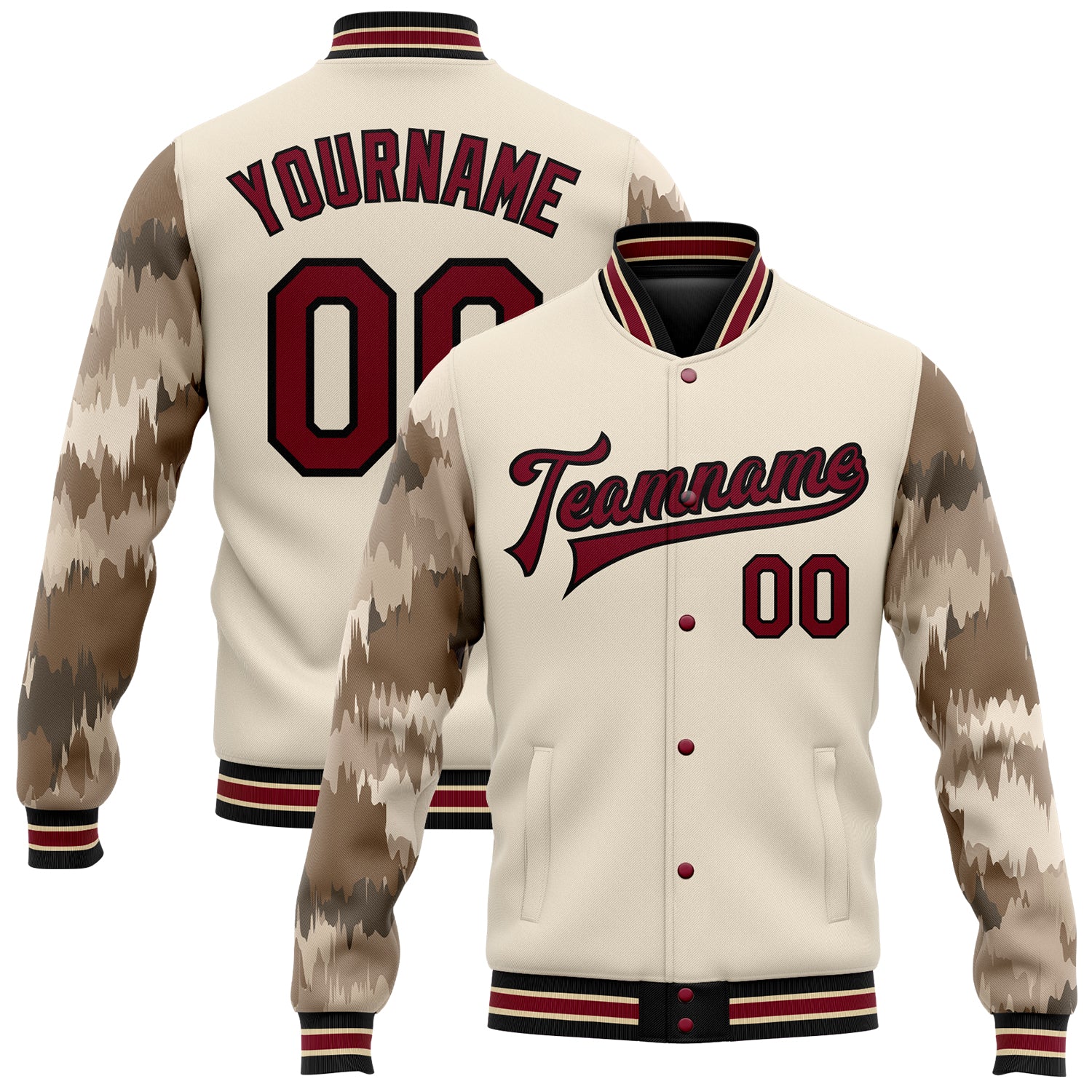 Personalized Crimson-Black Camo 3D Bomber Varsity Letterman Jacket with Sleeves Personalized City Cream Crimson-Black Camo