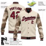 Personalized Crimson-Black Camo 3D Bomber Varsity Letterman Jacket with Sleeves Personalized City Cream Crimson-Black Camo