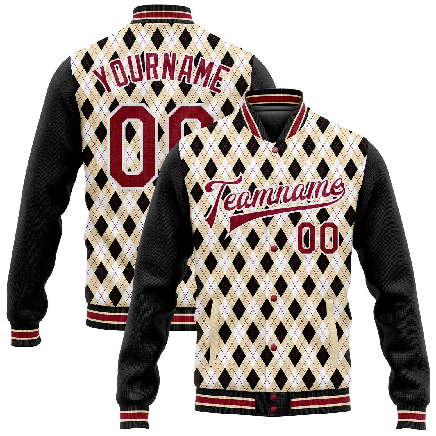 Custom Name Number Personalized Varsity Letterman Jacket 3D Pattern Design Crimson-Black Check Bomber Full-Snap Team Apparel