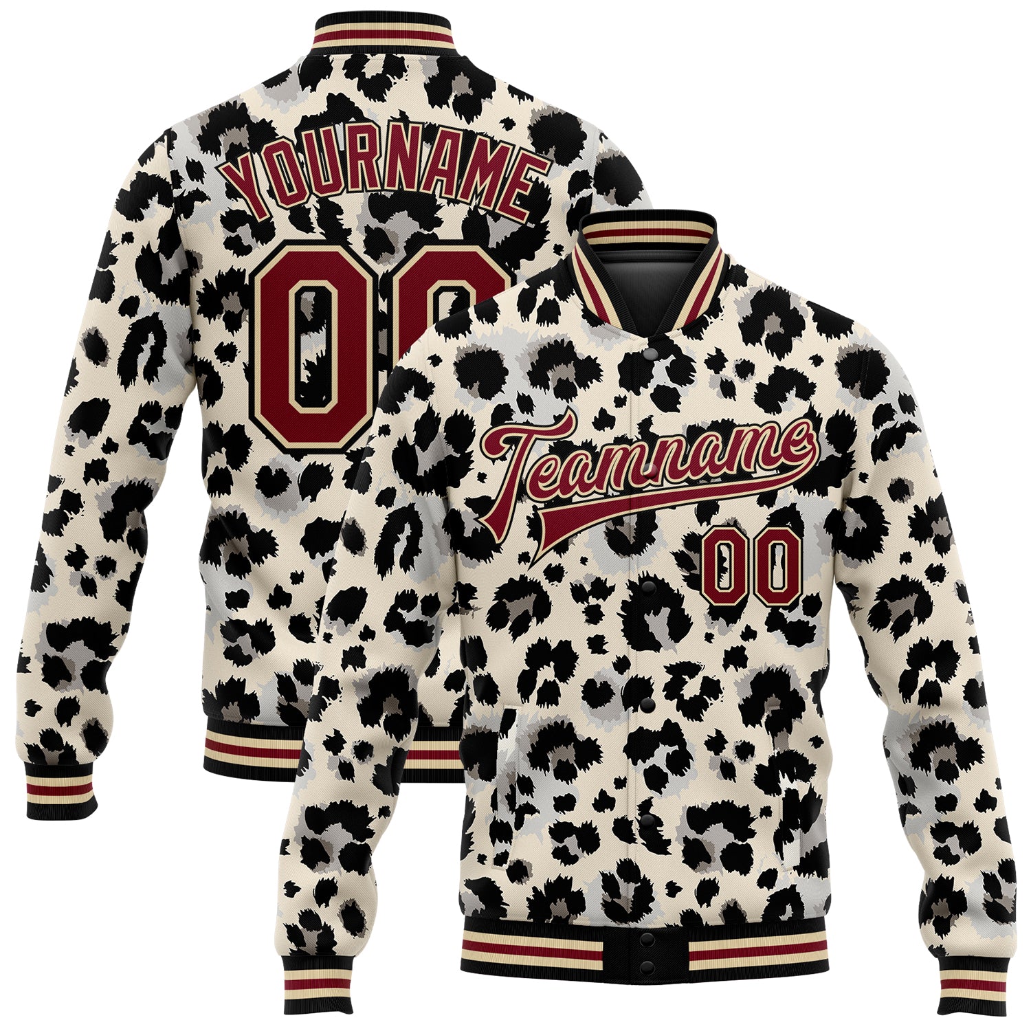 Personalized Crimson-Black Leopard Print 3D Bomber Varsity Jacket - Full-Snap Letterman Design Personalized City Cream Crimson-Black