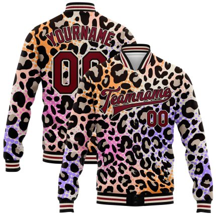 Customizable Leopard Print 3D Bomber Varsity Letterman Jacket in Cream and Crimson Black Personalized City Cream Crimson-Black