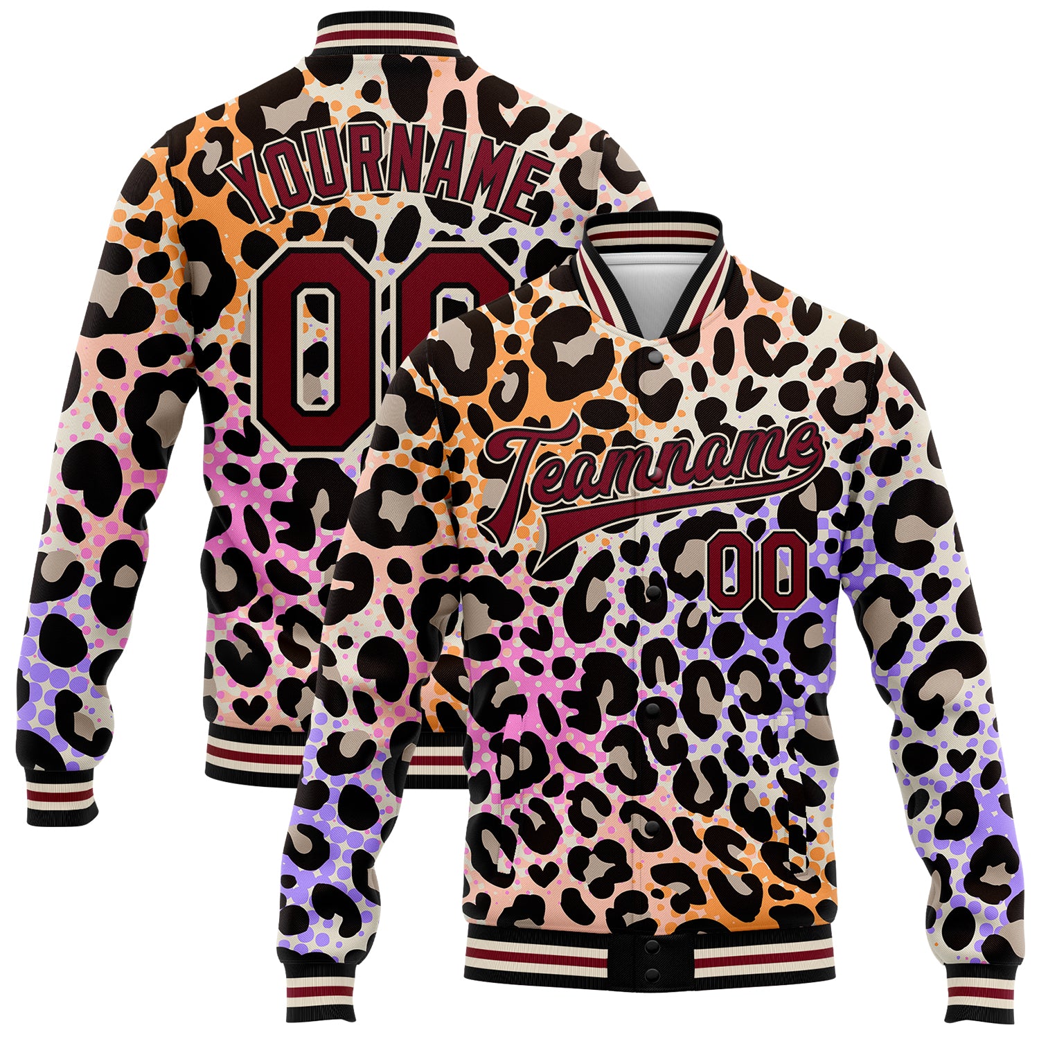 Customizable Leopard Print 3D Bomber Varsity Letterman Jacket in Cream and Crimson Black Personalized City Cream Crimson-Black