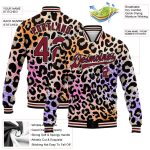 Customizable Leopard Print 3D Bomber Varsity Letterman Jacket in Cream and Crimson Black Personalized City Cream Crimson-Black