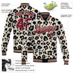 Customizable Leopard Print Varsity Jacket with Name & Number - Personalized Crimson-Black 3D Bomber Letterman Design Personalized