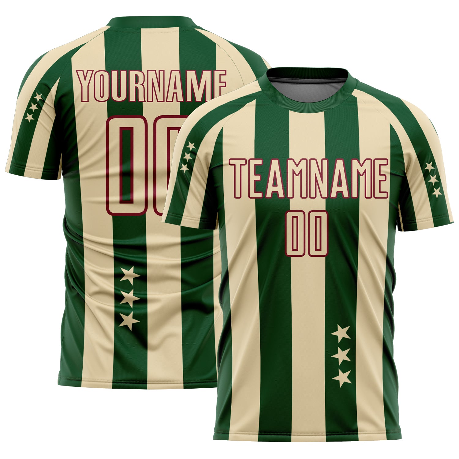 Custom Soccer Uniform Jersey with Personalized Name, Number, Cream Green Crimson Stars & Squares Design for Teams Personalized