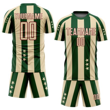 Custom Soccer Uniform Jersey with Personalized Name, Number, Cream Green Crimson Stars & Squares Design for Teams Personalized