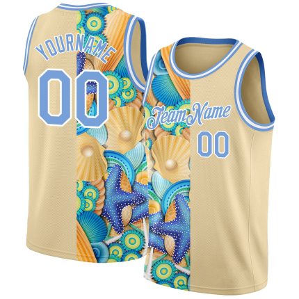Personalized Light Blue Basketball Jersey with 3D Beach Seashells & Starfishes - Cream Design Personalized City Cream Light