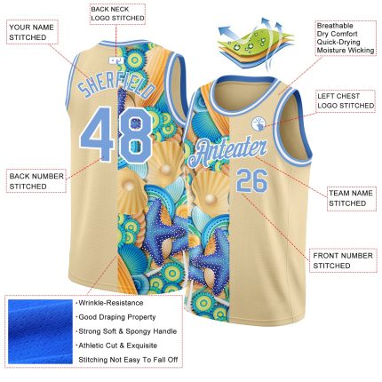 Personalized Light Blue Basketball Jersey with 3D Beach Seashells & Starfishes - Cream Design Personalized City Cream Light