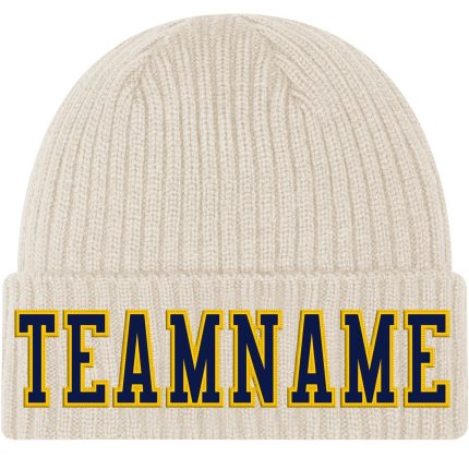 Custom Name and Number Navy-Gold Cuffed Knit Hat - Personalized City Cream Stitched Beanie Personalized City Cream Navy-Gold