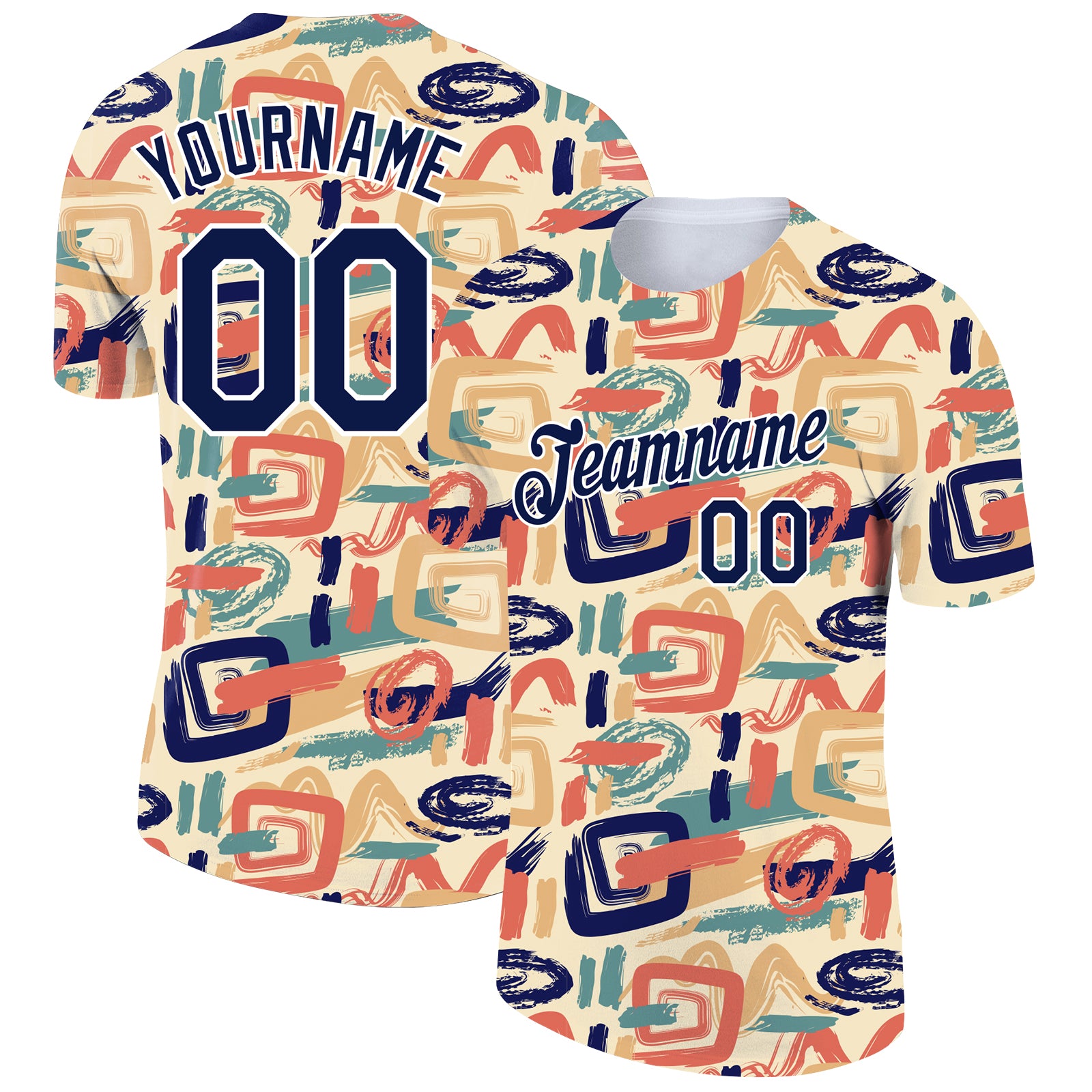 Personalized 3D Abstract Doodle Performance T-Shirt - City Cream Navy-White Design Personalized City Cream Navy-White 3D