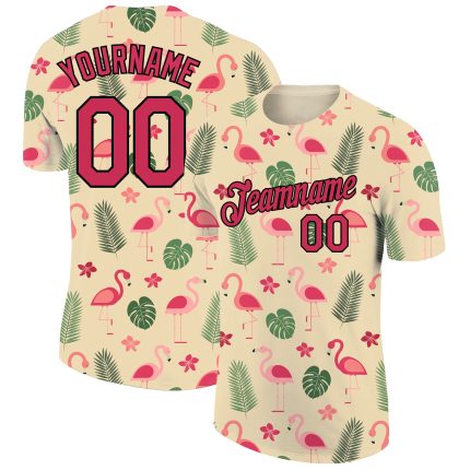 Personalized Tropical Hawaii Flamingo Performance T-Shirt, Custom Name & Number, Neon Pink-Black 3D Pattern Design Personalized