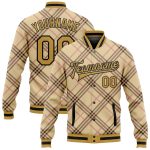 Personalized Varsity Letterman Jacket - Cream Old Gold Black Light Pink Check 3D Pattern Bomber Full-Snap Design Personalized