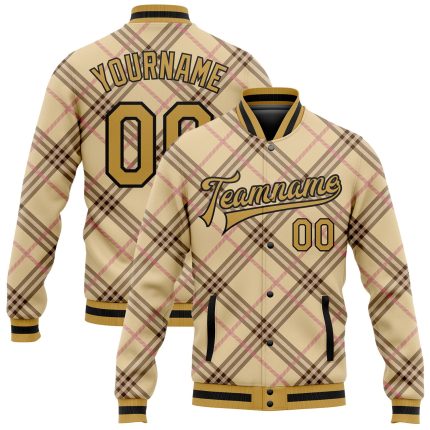 Personalized Varsity Letterman Jacket - Cream Old Gold Black Light Pink Check 3D Pattern Bomber Full-Snap Design Personalized