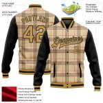 Custom Name and Number Personalized Bomber Varsity Jacket - 3D Check Pattern in Cream, Old Gold, Black, Light Pink Design