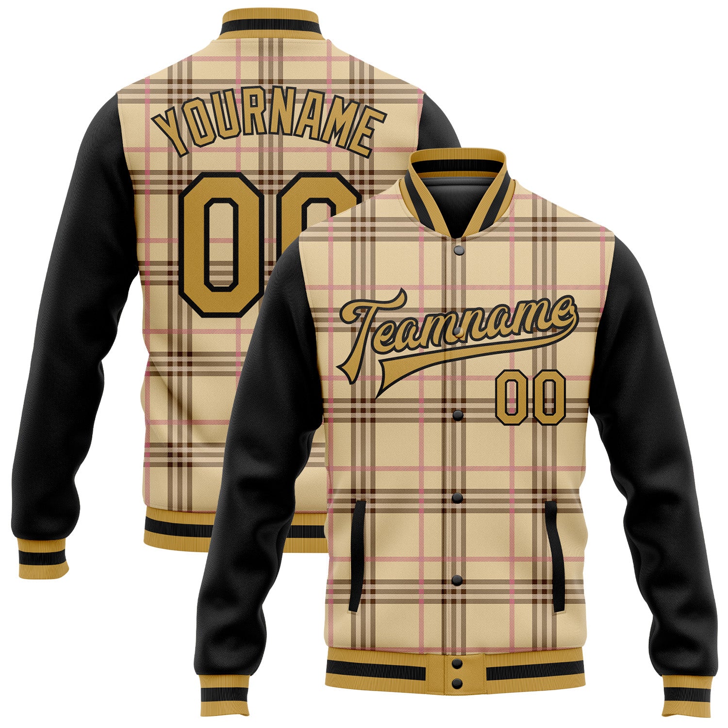 Custom Name and Number Personalized Bomber Varsity Jacket - 3D Check Pattern in Cream, Old Gold, Black, Light Pink Design