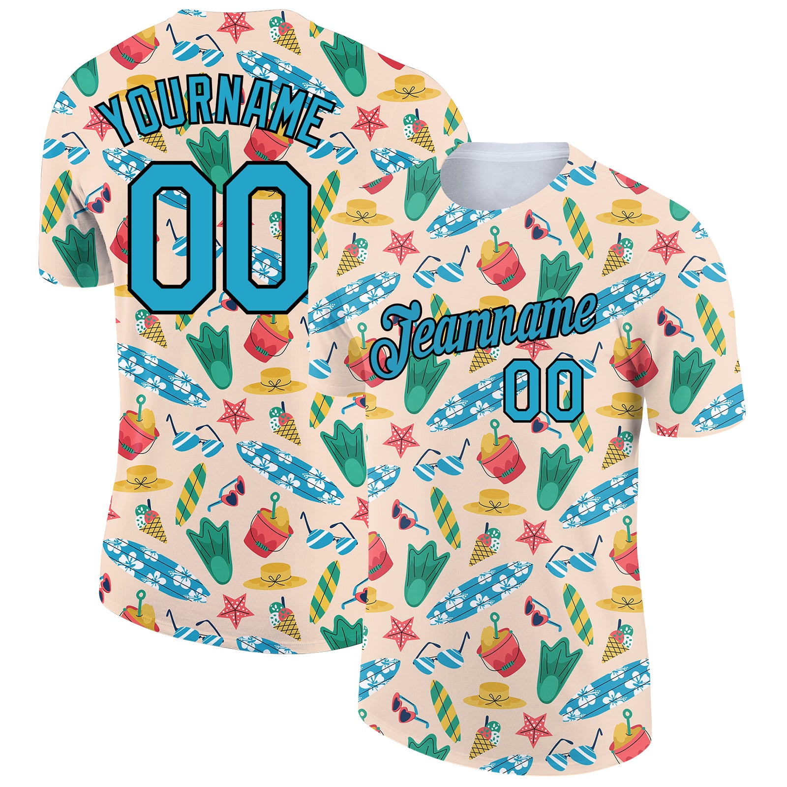 Custom Team T-Shirt with Panther Blue-Black 3D Pattern Design for Hawaii Summer Holiday - Personalized with Name & Number