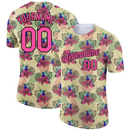 Personalized Tropical Hawaii 3D Pattern T-Shirt with Custom Name and Number, Cream Pink-Black Design Personalized City Cream