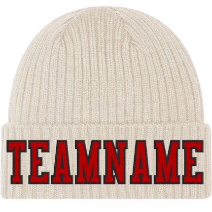 Custom Name and Number Personalized Red-Black Cuffed Knit Hat - City Team Knit Hat Personalized City Cream Red-Black Stitched
