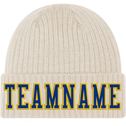 Custom Name Number Royal-Gold Stitched Cuffed Knit Hat - Personalized City Team Beanie Personalized City Cream Royal-Gold