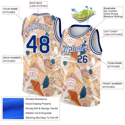 Custom City Cream Basketball Jersey with 3D Seashells and Starfish Design - Royal-White Personalized City Cream Royal-White